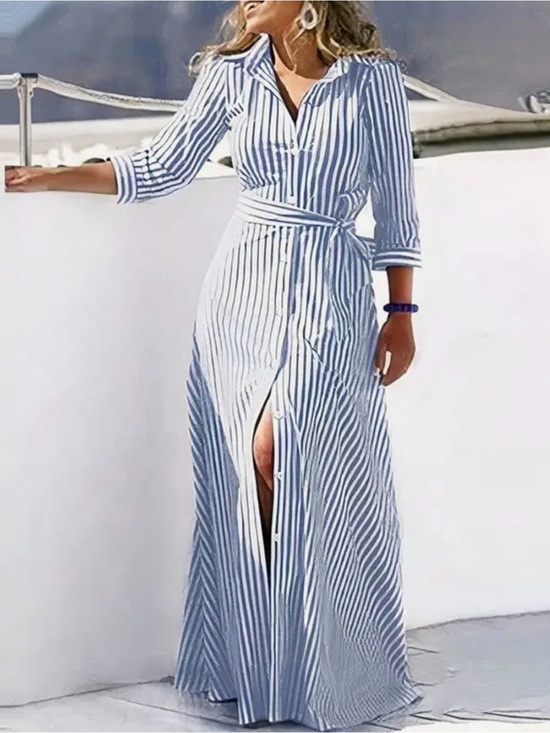 Dresses & Skirts - Striped Blue & White Maxi Shirt Dress with Waist Tie